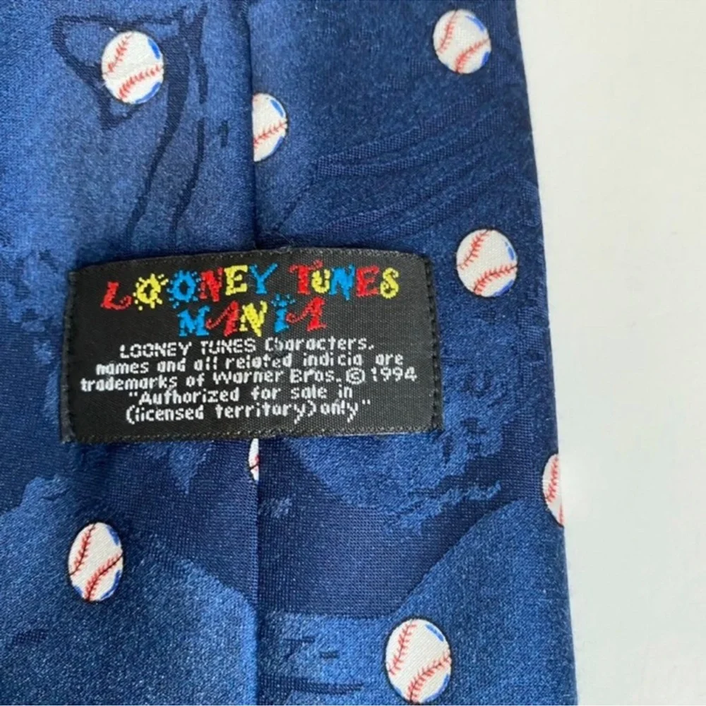 Vintage 1994 Looney Tunes Mania Blue Baseball Characters Printed Necktie